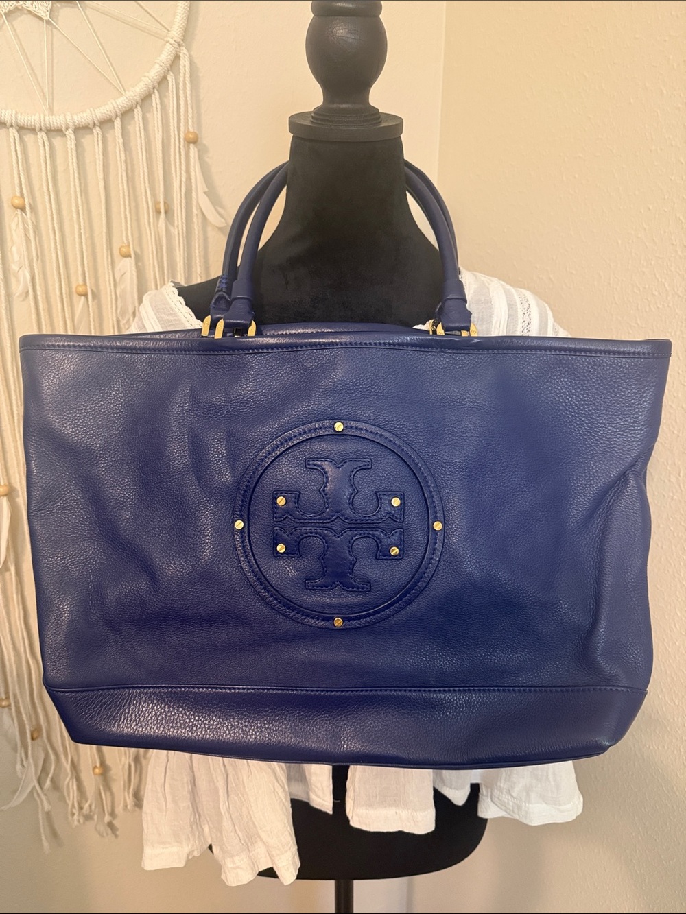 Tory Burch Deep Blue Leather Tote with Logo Medallion